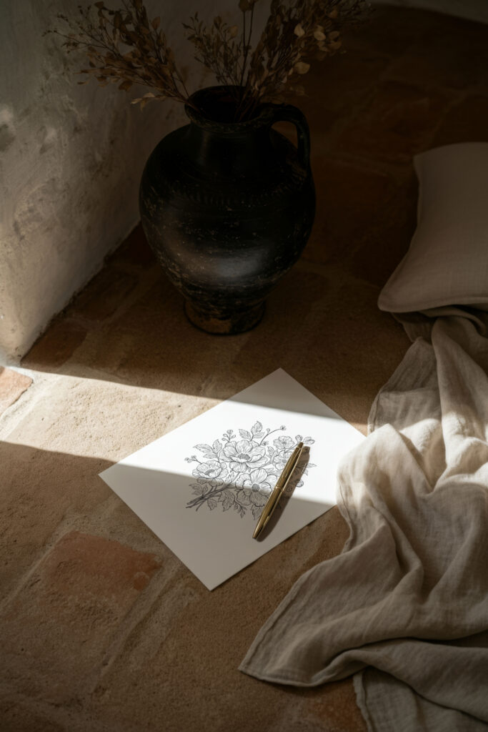 Sketchbook and pencil styled beside a ceramic vase and linen fabric, representing the creative process behind strategic interior design branding.