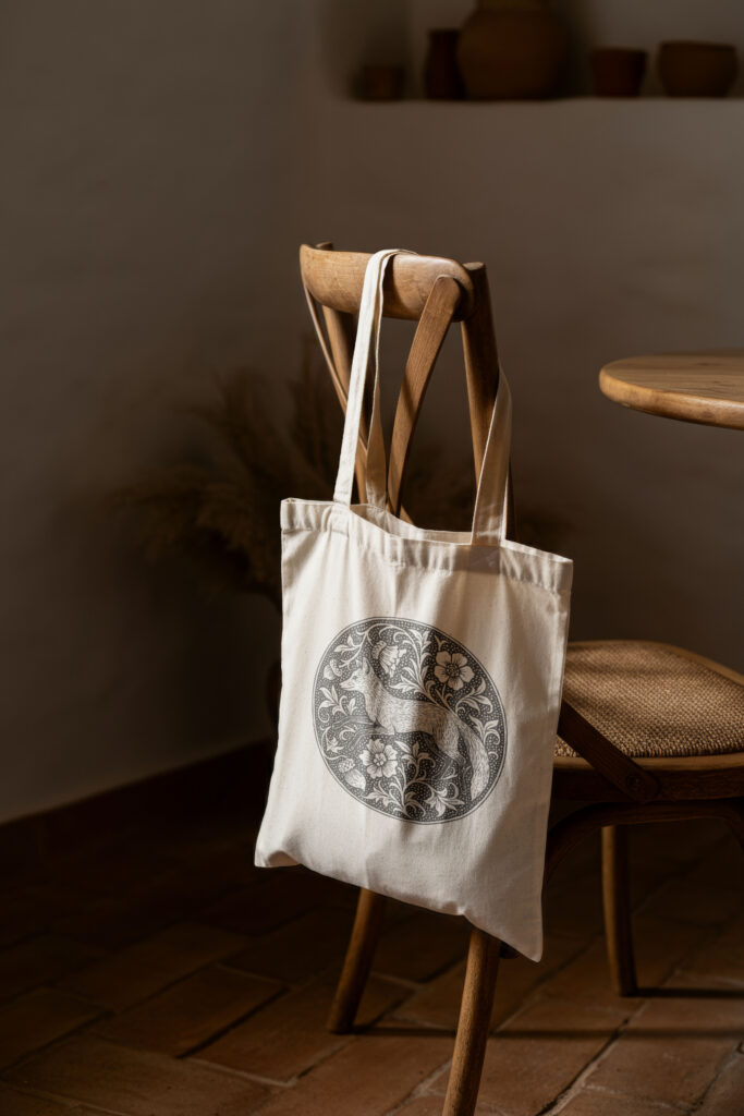 Branded canvas tote bag hanging on a wooden chair, illustrating how strategic interior design branding extends across everyday client touchpoints.